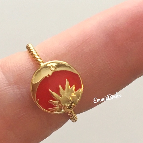 New Gold Dipped Red Enamel Sun & Moon Textured Cuff Ring / Red & Gold Boho Vibes - Picture 6 of 15